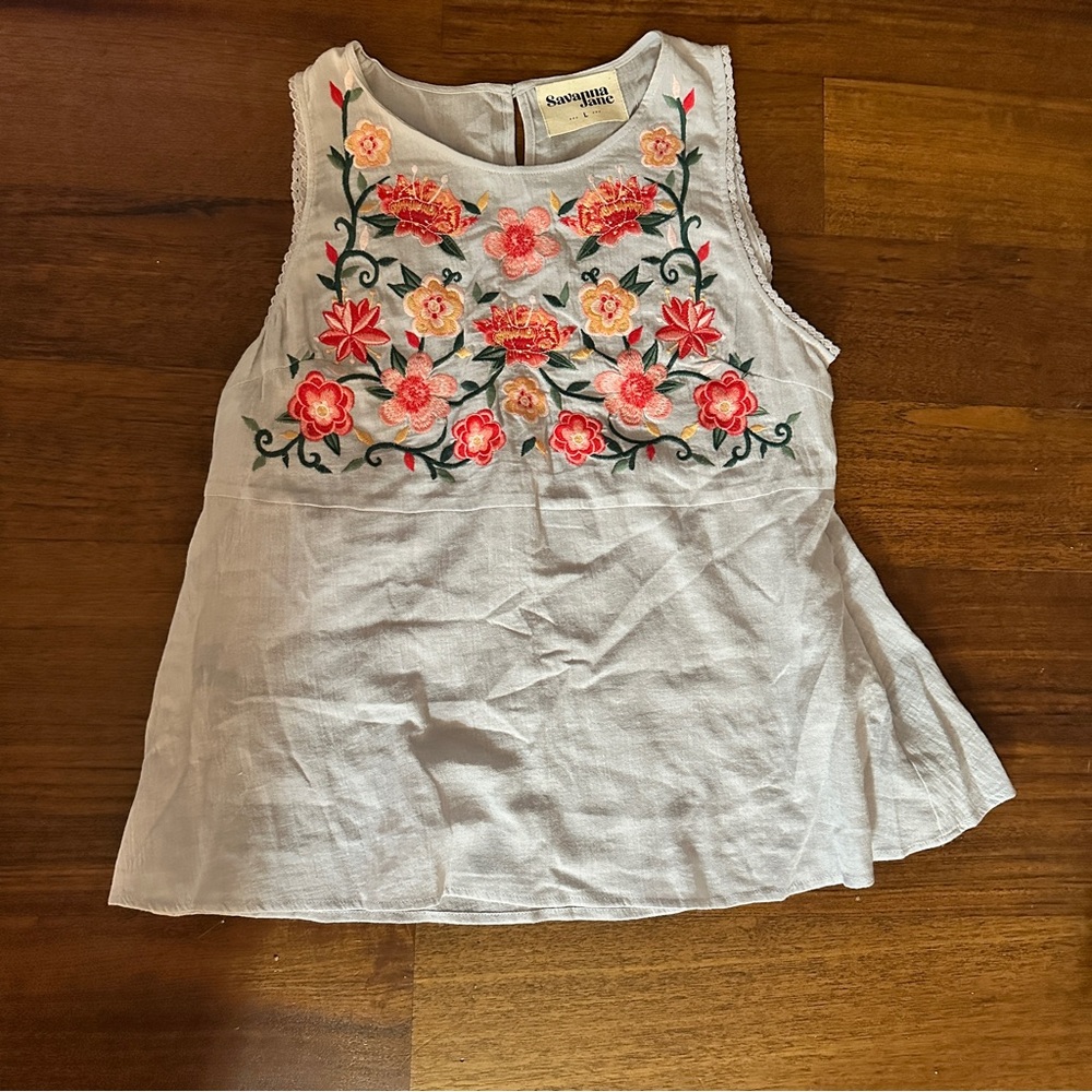 Savanna Jane White Top with Red and Pink Floral Embroidery